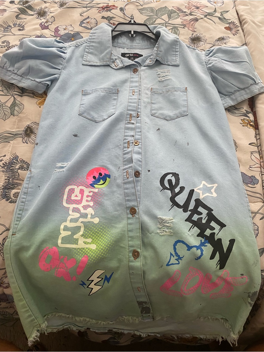 Light Wash Denim Shirt Dress with Graphic Art